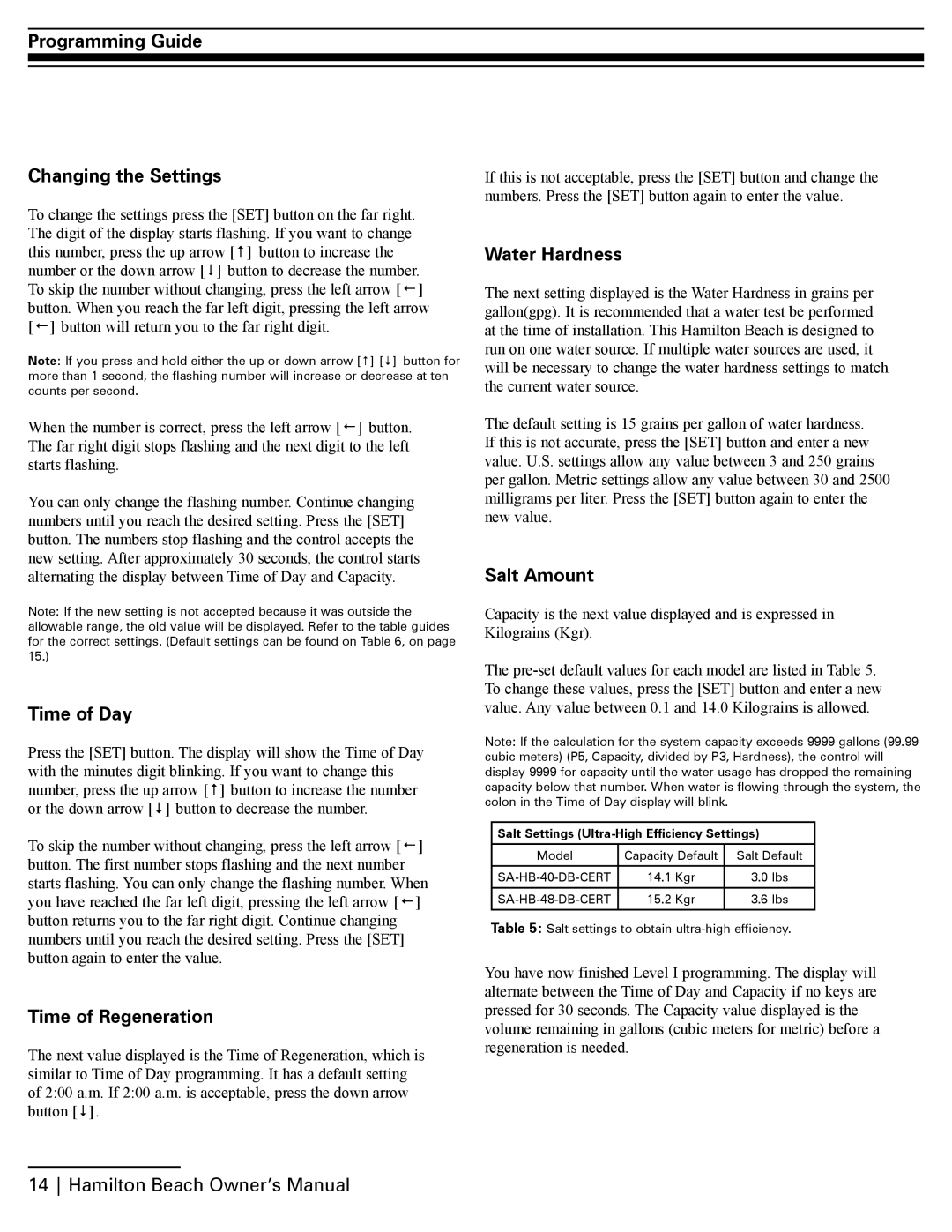 Hamilton Beach SA-HB-40-DB-CERT Programming Guide Changing the Settings, Time of Day, Time of Regeneration, Water Hardness 