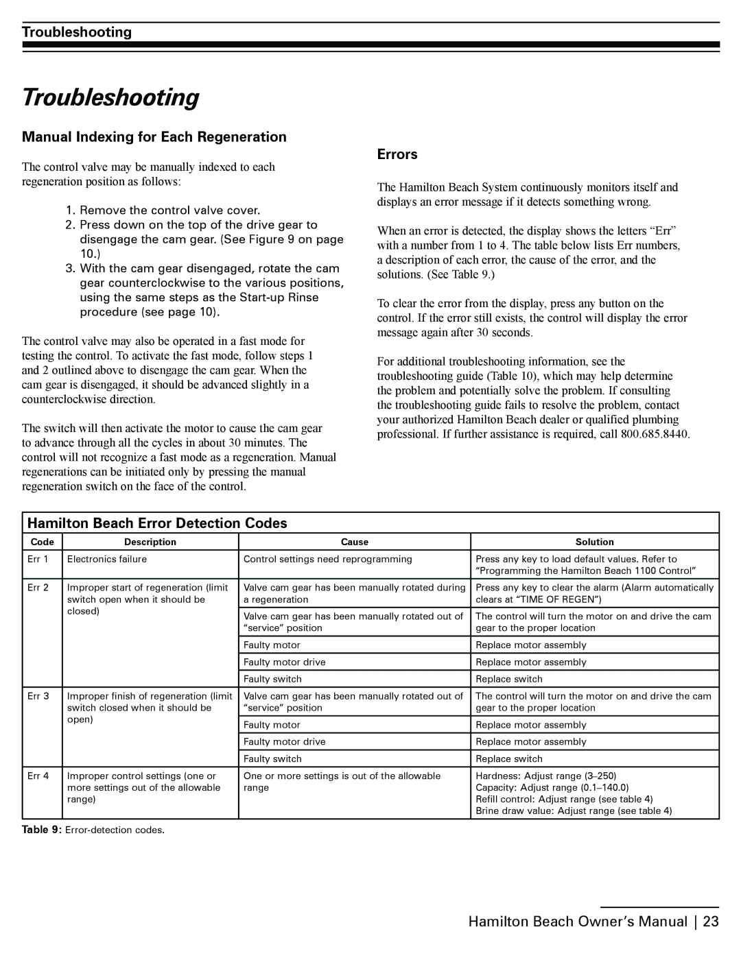 Hamilton Beach SA-HB-40-DB-CERT manual Troubleshooting, Manual Indexing for Each Regeneration, Errors 