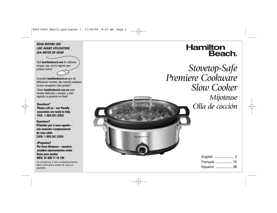 Hamilton Beach 33351C manual Stovetop-Safe Premiere Cookware Slow Cooker, Questions?, Can ¿Preguntas?, MEX 01 800 71 16 