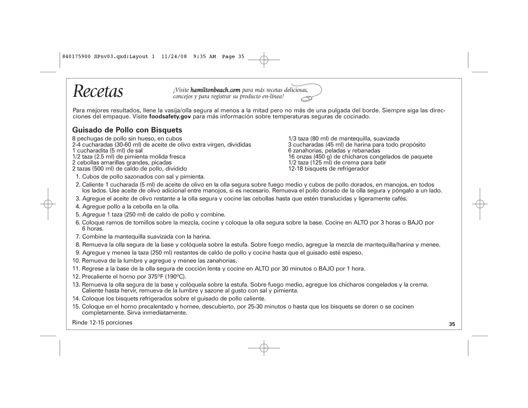 Hamilton Beach SC33, 33351C manual Recetas, Guisado de Pollo con Bisquets 