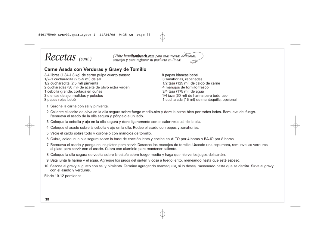 Hamilton Beach SC33, 33351C manual Carne Asada con Verduras y Gravy de Tomillo 