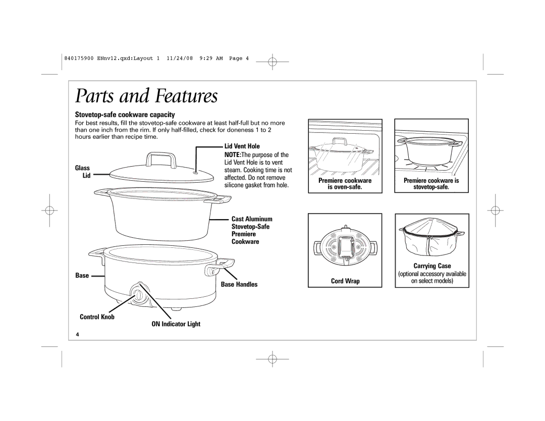 Hamilton Beach 33351C, SC33 manual Parts and Features, Stovetop-safe cookware capacity 