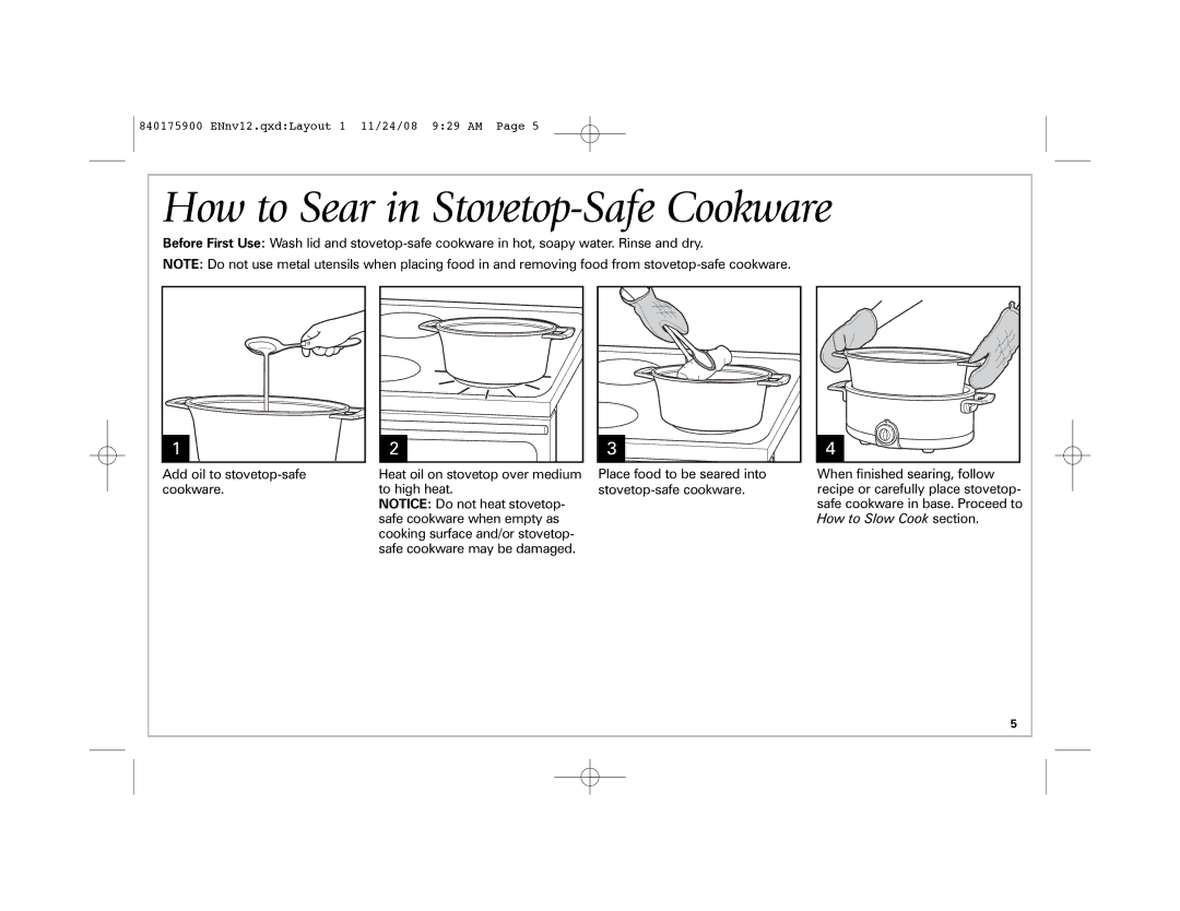 Hamilton Beach SC33, 33351C manual How to Sear in Stovetop-Safe Cookware 