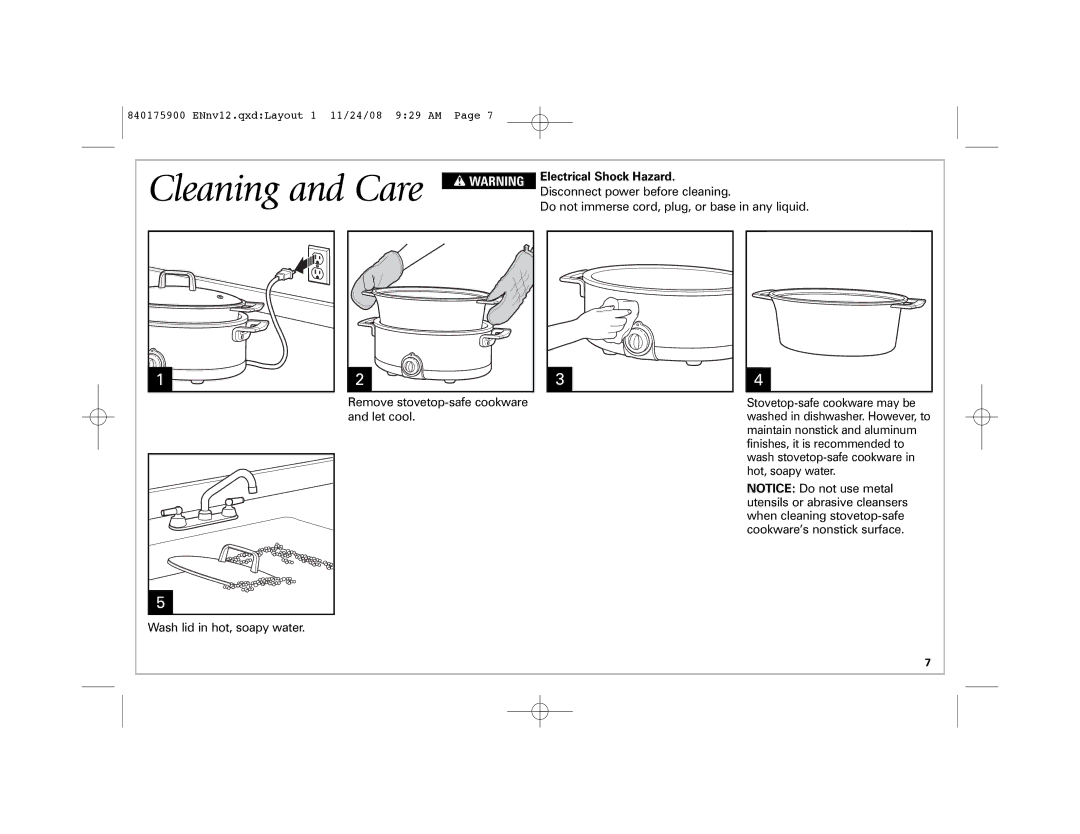 Hamilton Beach 33351C, SC33 manual Cleaning and Care, Electrical Shock Hazard 