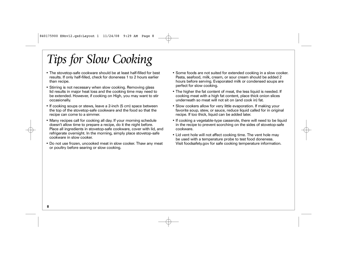 Hamilton Beach SC33, 33351C manual Tips for Slow Cooking 