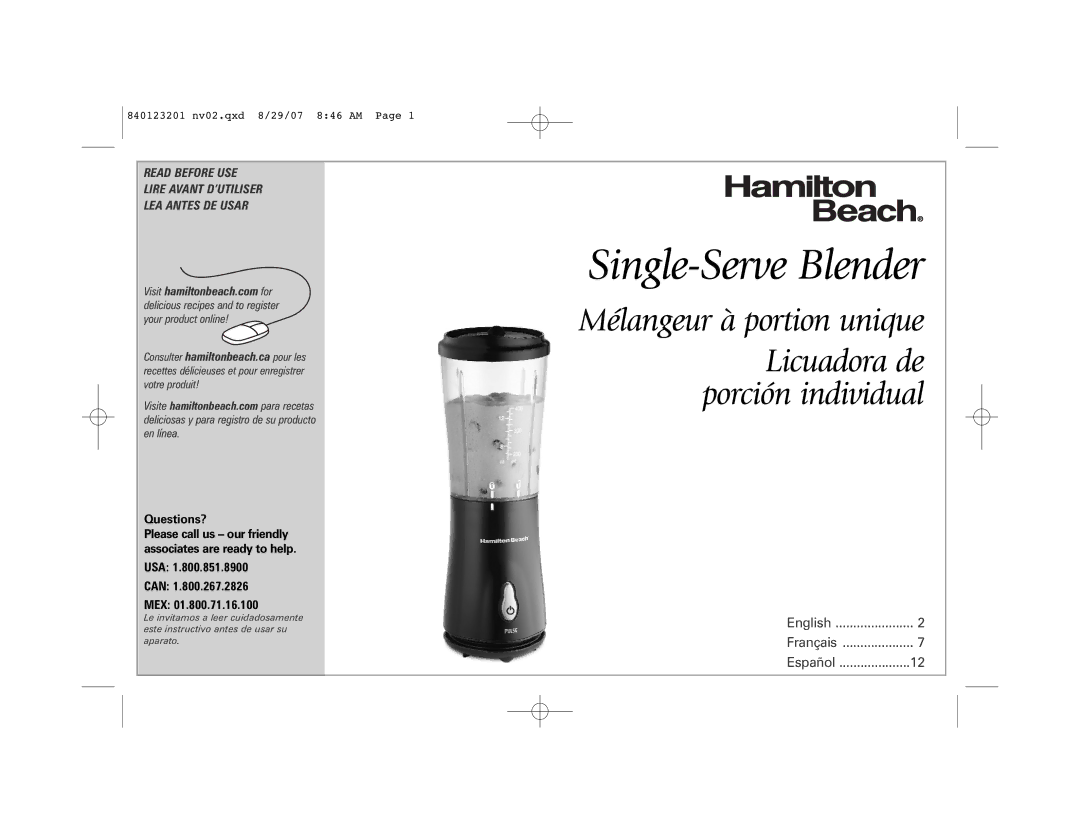 Hamilton Beach Single-Serve Blender manual 