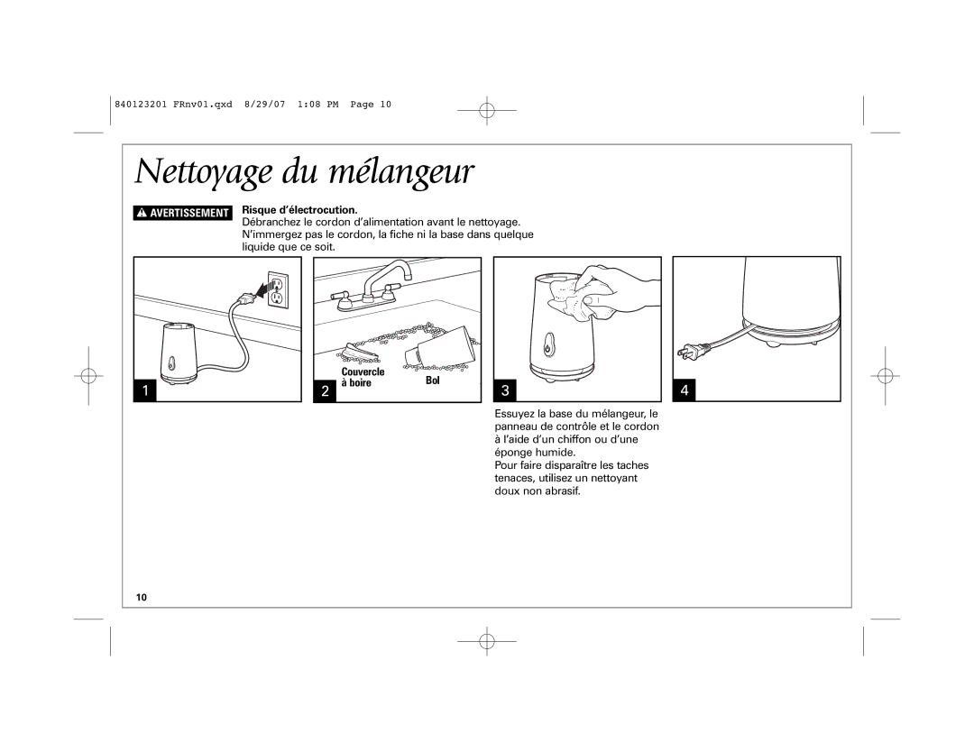 Hamilton Beach Single-Serve Blender manual Nettoyage du mélangeur, Avertissement Risque d’électrocution 