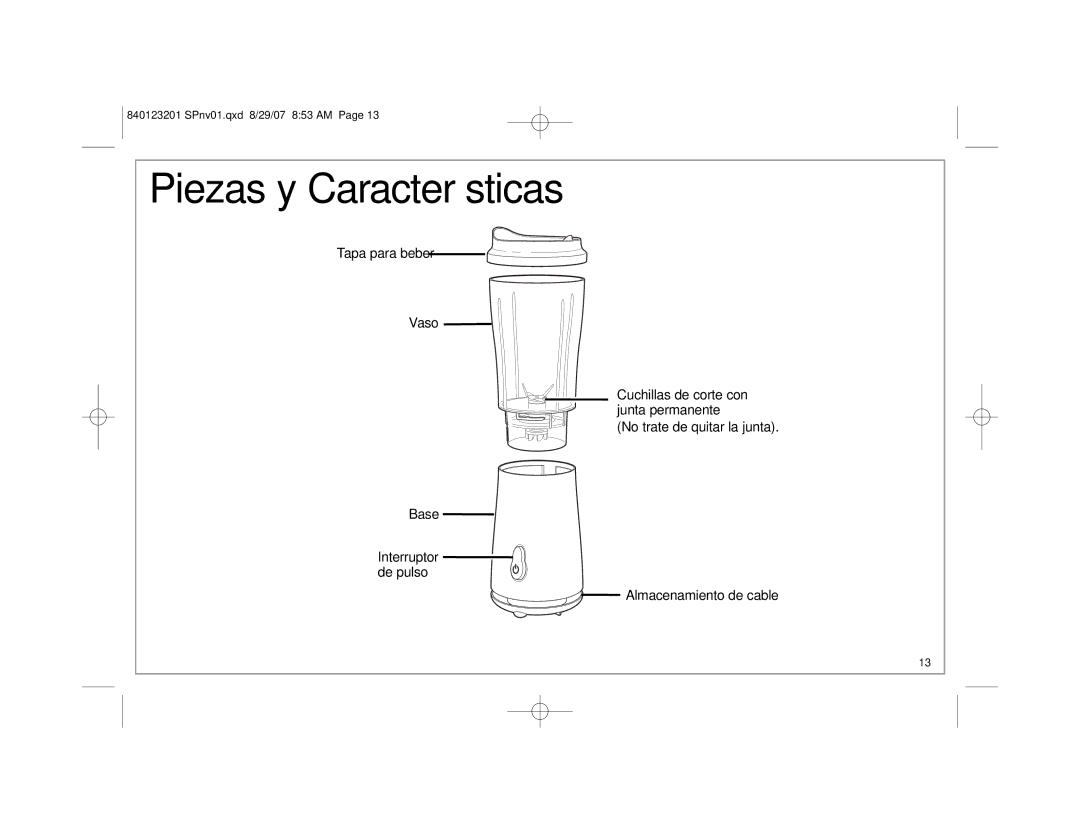 Hamilton Beach Single-Serve Blender manual Piezas y Características 