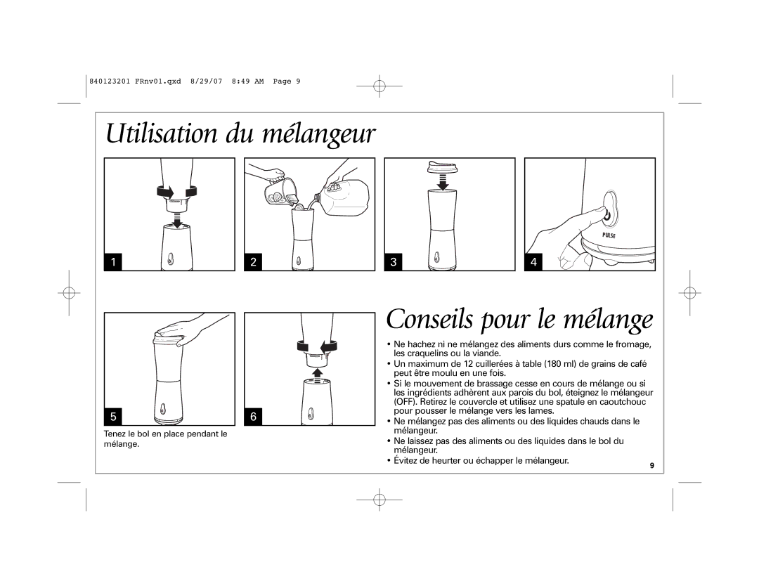 Hamilton Beach Single-Serve Blender manual Utilisation du mélangeur, Conseils pour le mélange 