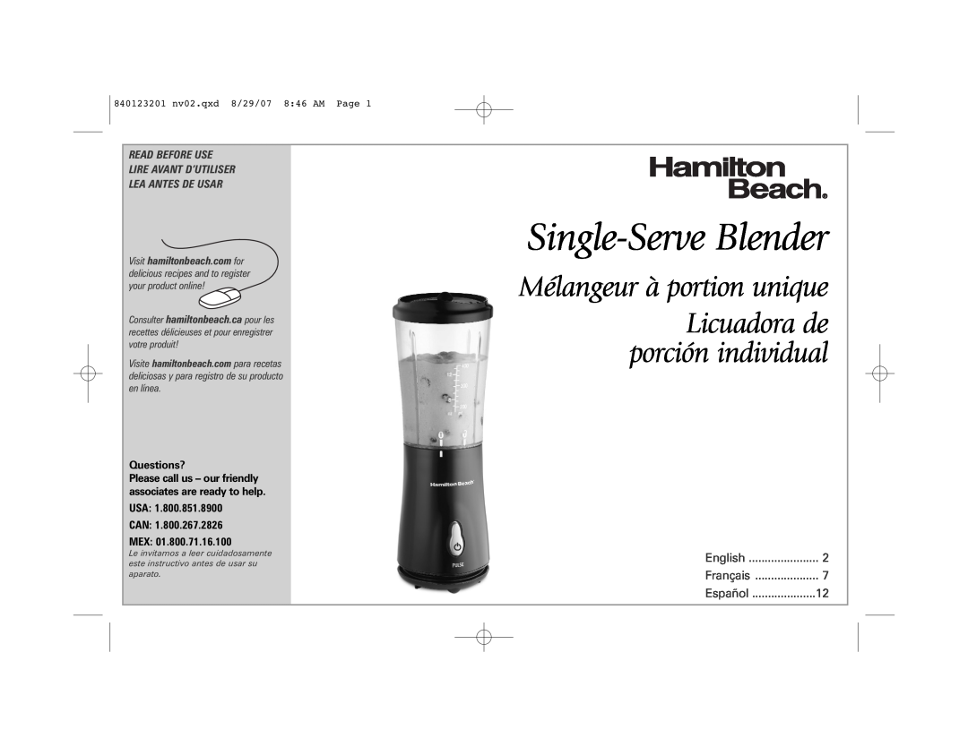 Hamilton Beach Single-Serve Blender manual Mélangeur à portion unique, Licuadora de porción individual, English, Français 
