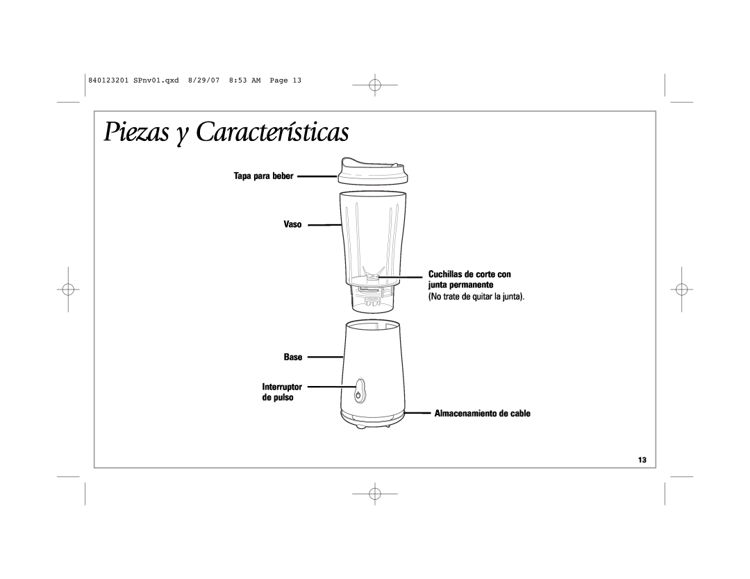Hamilton Beach Single-Serve Blender manual Piezas y Características, Tapa para beber Vaso, Base, Almacenamiento de cable 