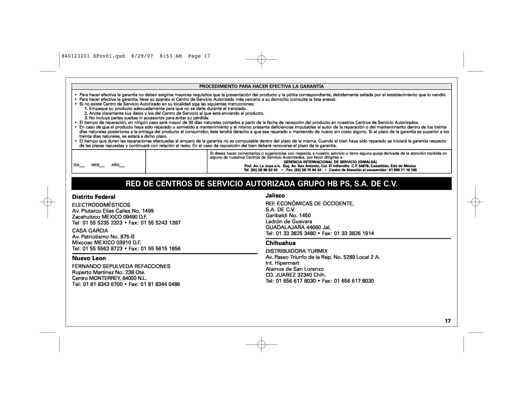 Hamilton Beach Single-Serve Blender manual Red De Centros De Servicio Autorizada Grupo Hb Ps, S.A. De C.V, Distrito Federal 