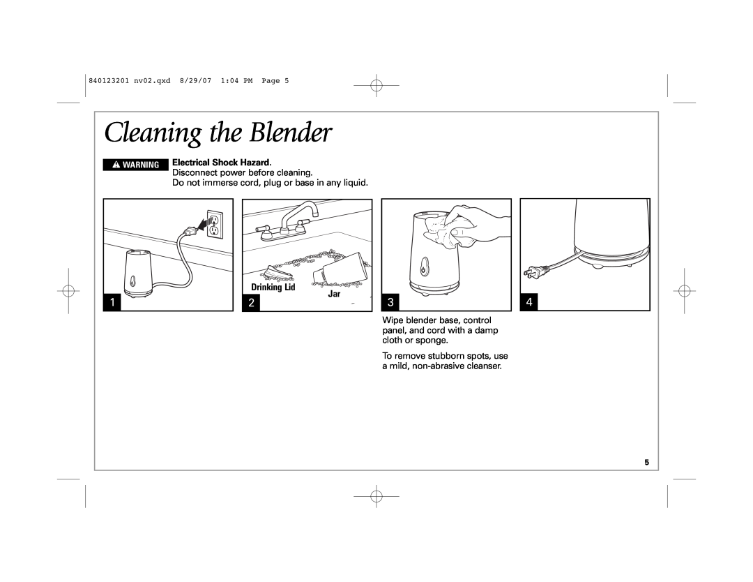 Hamilton Beach Single-Serve Blender manual Cleaning the Blender, w WARNING Electrical Shock Hazard, Drinking Lid 