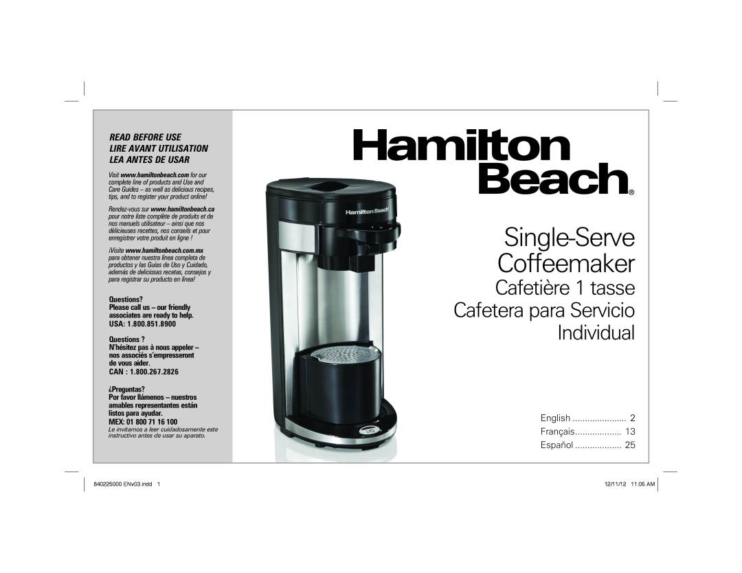 Hamilton Beach 49995 manual Single-Serve Coffeemaker, Cafetière 1 tasse Cafetera para Servicio Individual, Read Before Use 