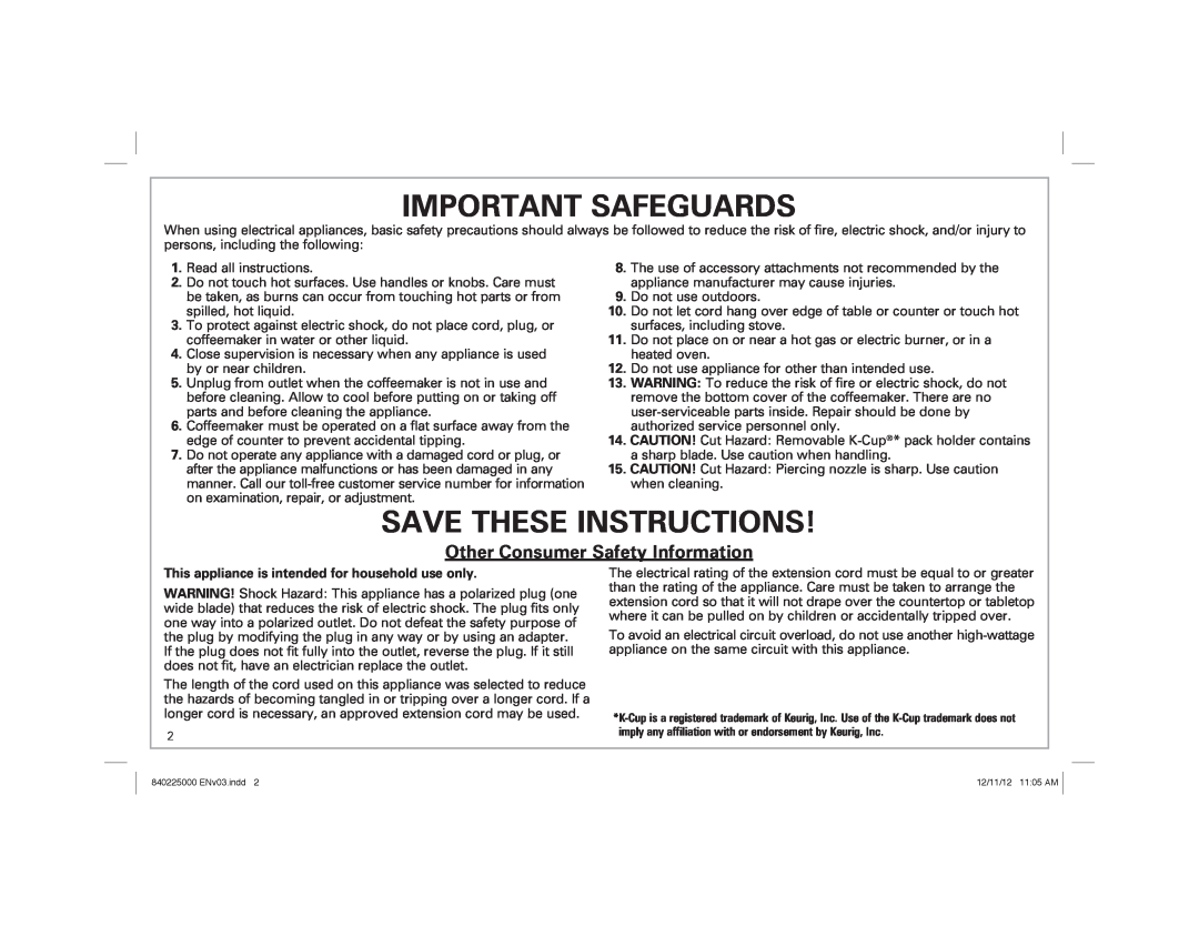 Hamilton Beach Single-Serve Coffeemaker Important Safeguards, Save These Instructions, Other Consumer Safety Information 