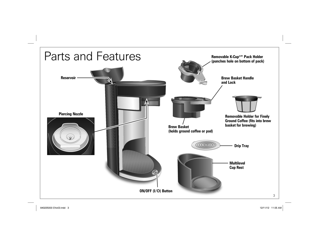 Hamilton Beach 49995 manual Parts and Features, Reservoir, Brew Basket Handle and Lock, Piercing Nozzle, ON/OFF I/O Button 