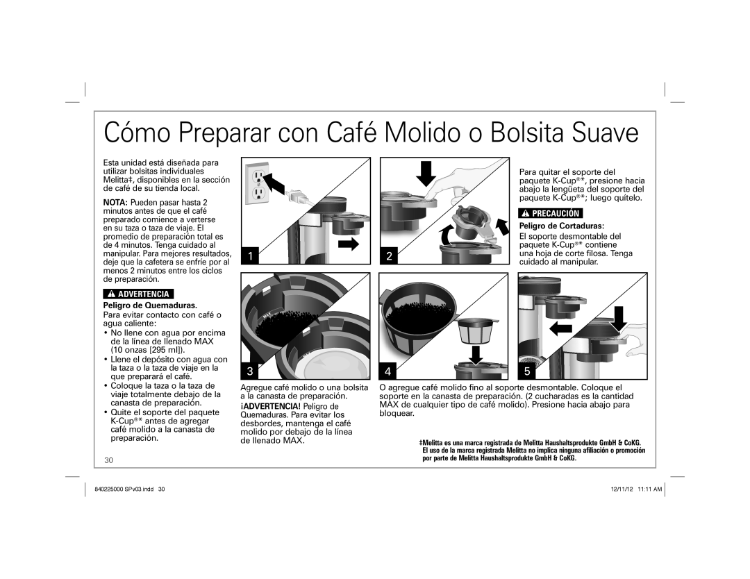 Hamilton Beach Single-Serve Coffeemaker, 49995 manual Cómo Preparar con Café Molido o Bolsita Suave, w ADVERTENCIA 