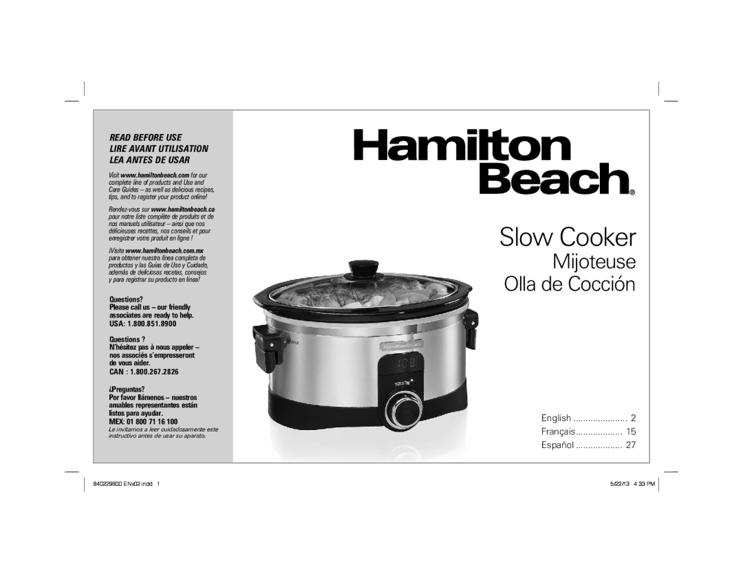 Hamilton Beach 840229800 ENv02.indd 1 manual Slow Cooker 