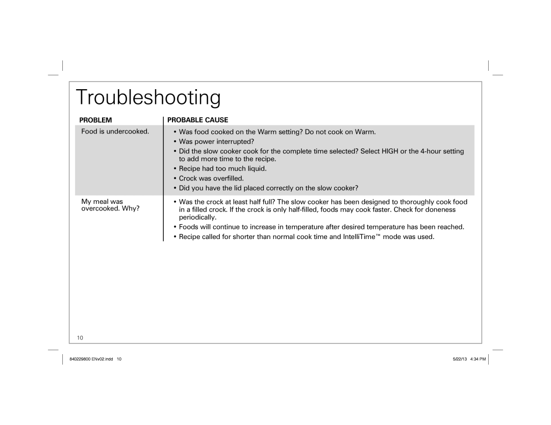 Hamilton Beach Slow Cooker, 840229800 ENv02.indd 1 manual Troubleshooting, Probable Cause 