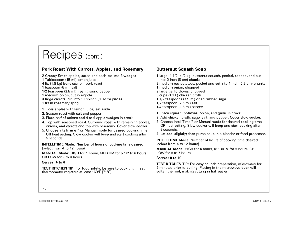 Hamilton Beach Slow Cooker manual Pork Roast With Carrots, Apples, and Rosemary, Butternut Squash Soup, Serves 8 to 