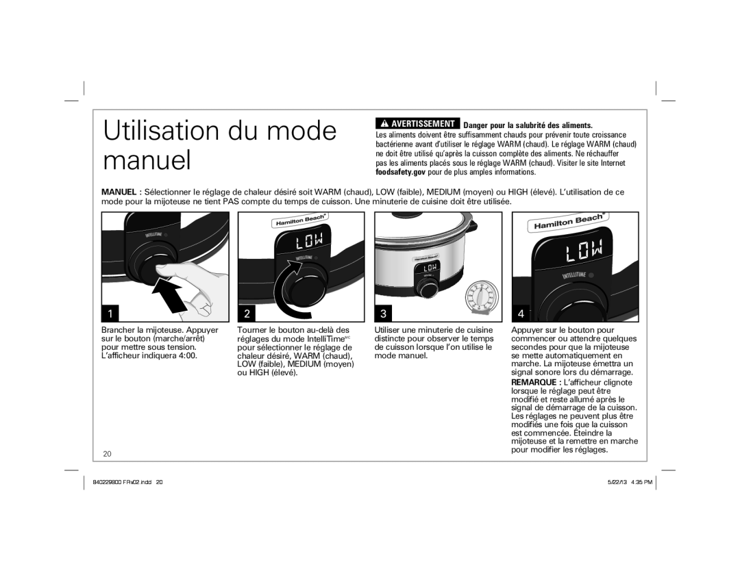 Hamilton Beach Slow Cooker manual Utilisation du mode manuel, Avertissement Danger pour la salubrité des aliments 