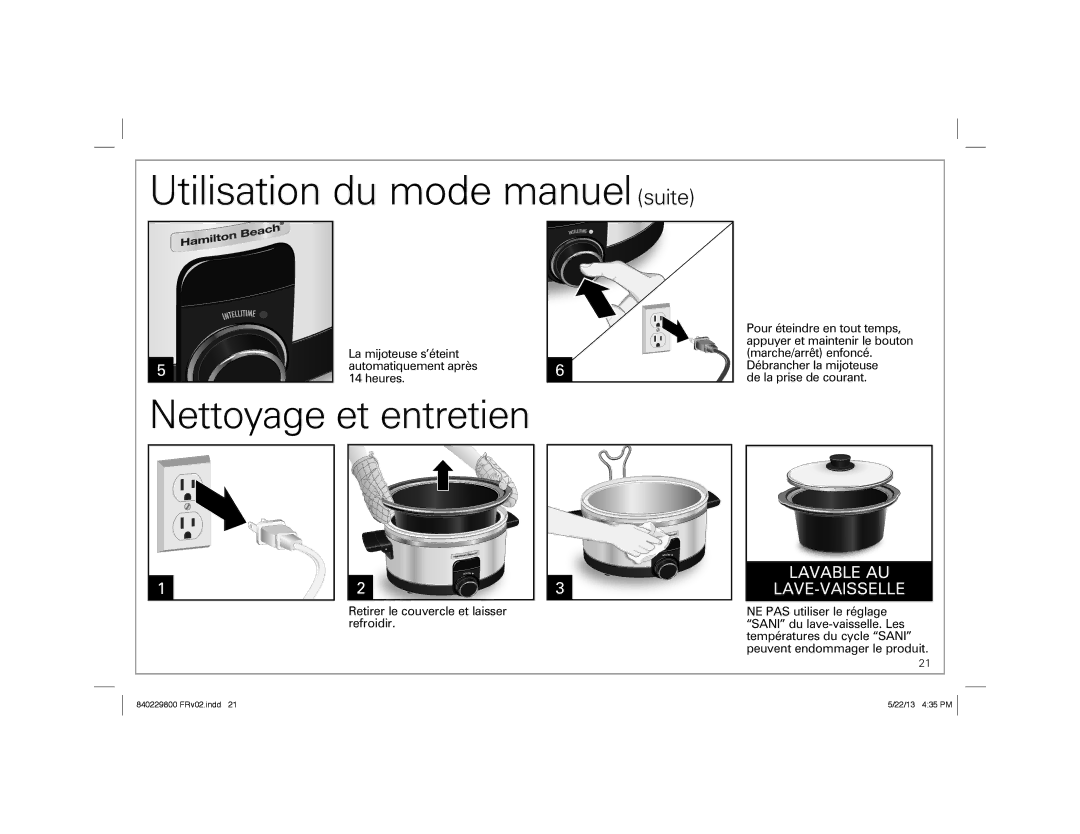 Hamilton Beach 840229800 ENv02.indd 1, Slow Cooker manual Utilisation du mode manuel suite, Nettoyage et entretien 