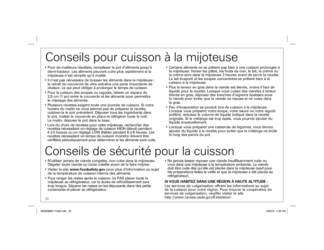 Hamilton Beach Slow Cooker manual Conseils pour cuisson à la mijoteuse, Conseils de sécurité pour la cuisson 