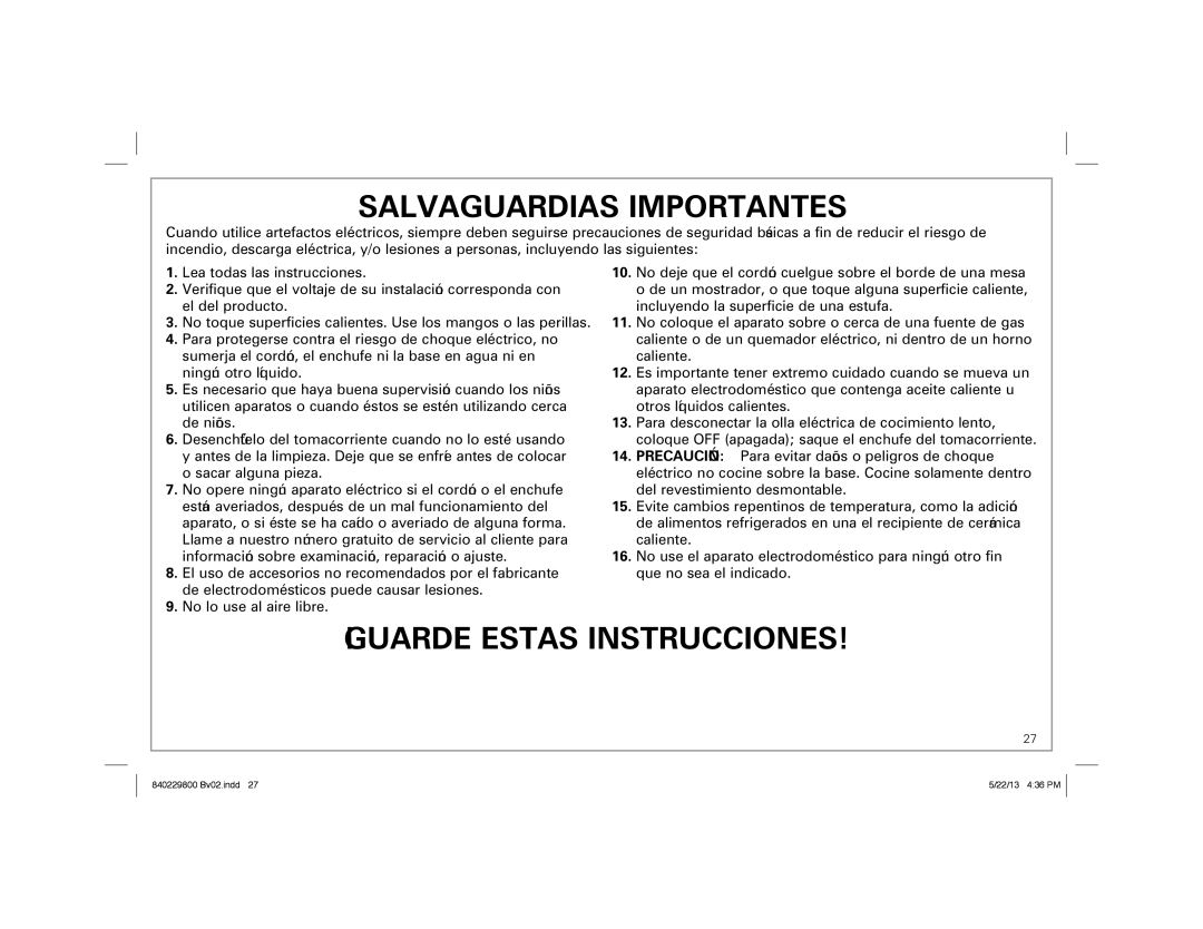 Hamilton Beach 840229800 ENv02.indd 1, Slow Cooker manual Salvaguardias Importantes 