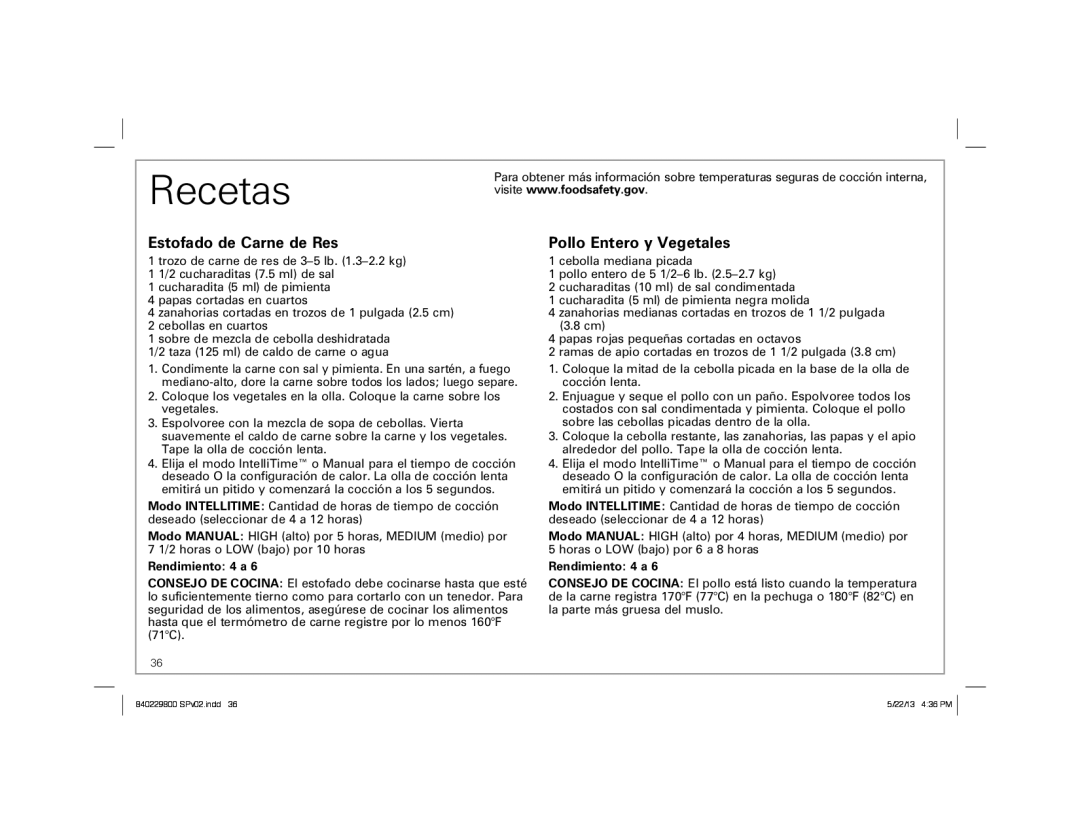 Hamilton Beach Slow Cooker manual Recetas, Estofado de Carne de Res Pollo Entero y Vegetales, Rendimiento 4 a 