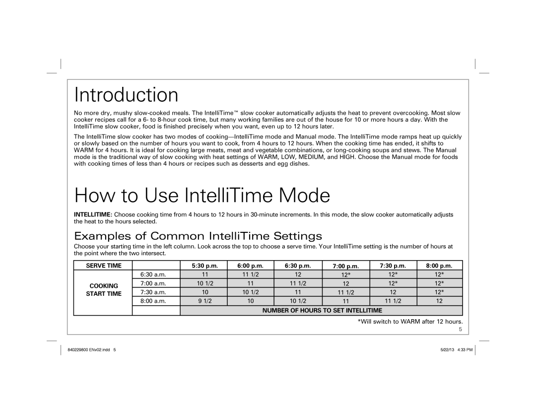 Hamilton Beach 840229800 ENv02.indd 1, Slow Cooker manual Introduction, How to Use IntelliTime Mode 