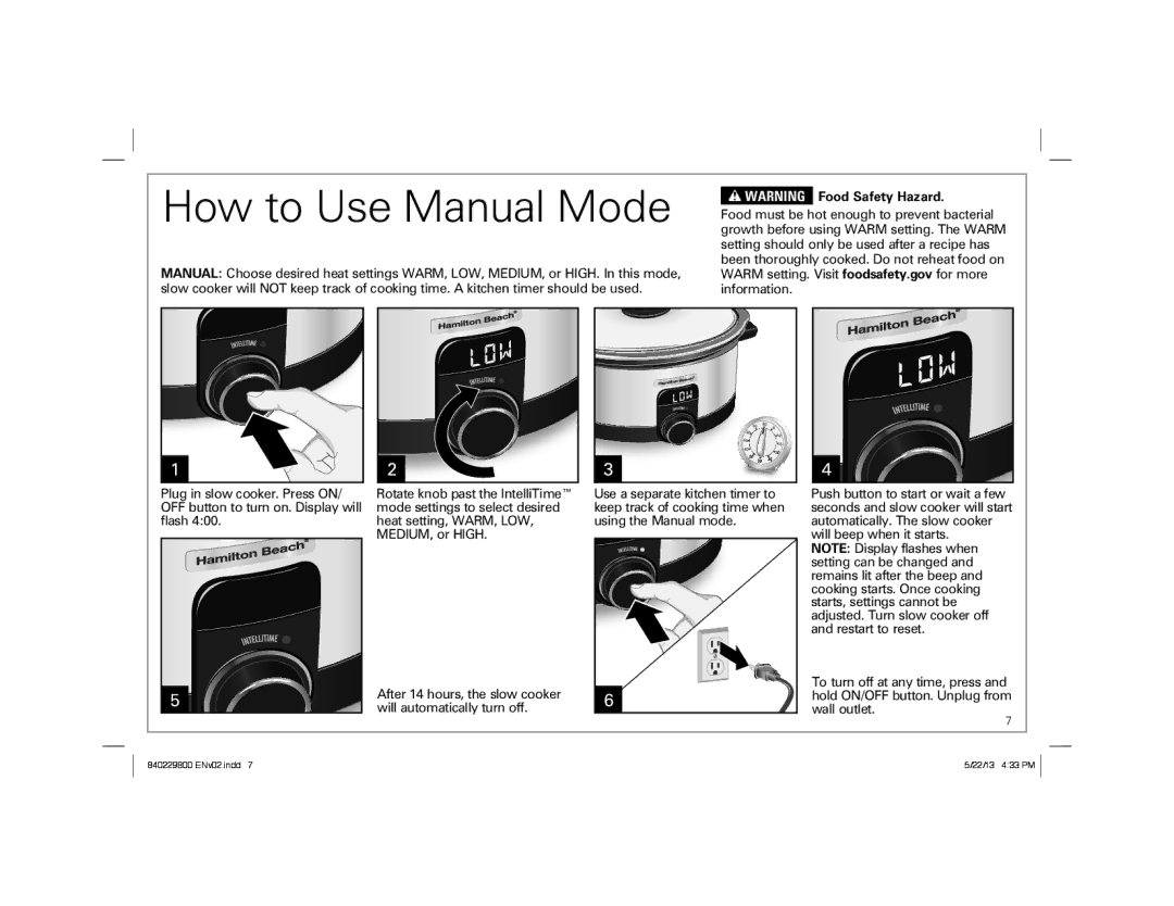 Hamilton Beach 840229800 ENv02.indd 1, Slow Cooker manual How to Use Manual Mode, Food Safety Hazard 