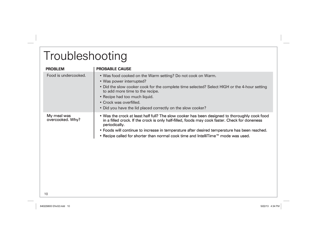 Hamilton Beach Slow Cooker, 840229800 ENv02.indd 1 manual Troubleshooting, Problem, Probable Cause 