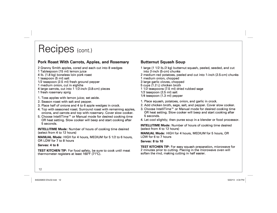 Hamilton Beach Slow Cooker manual Recipes cont, Pork Roast With Carrots, Apples, and Rosemary, Butternut Squash Soup 