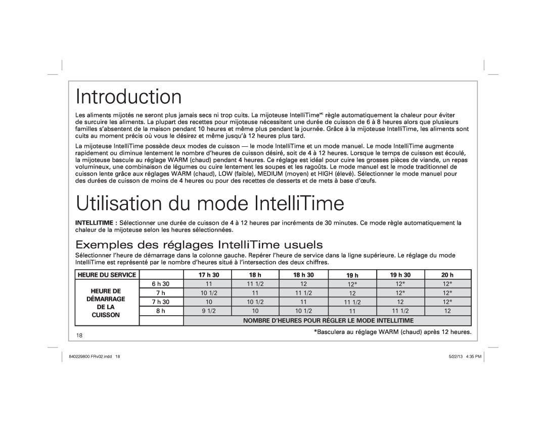 Hamilton Beach Slow Cooker manual Utilisation du mode IntelliTime, Exemples des réglages IntelliTime usuels, Introduction 
