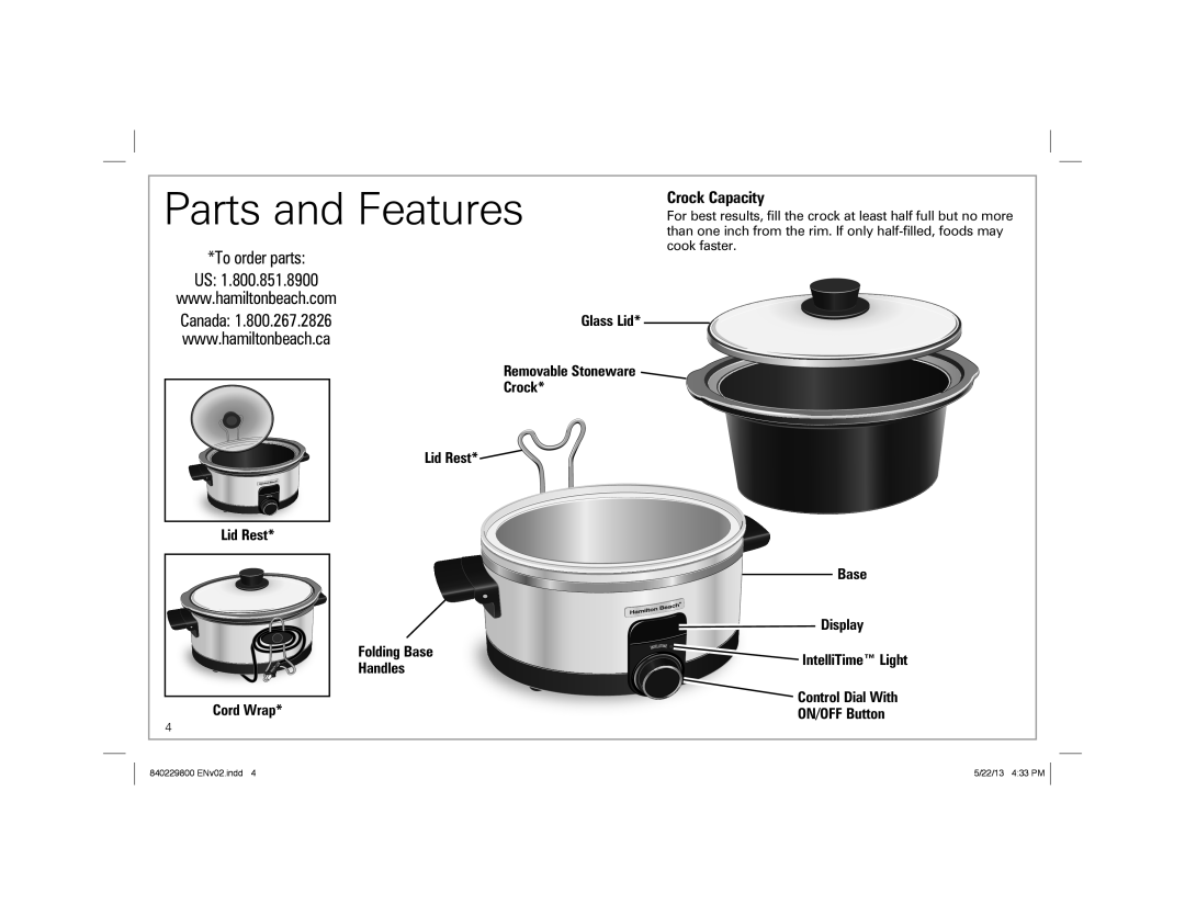 Hamilton Beach Slow Cooker manual Parts and Features, Crock Capacity, Glass Lid, Cord Wrap, Lid Rest, IntelliTime Light 