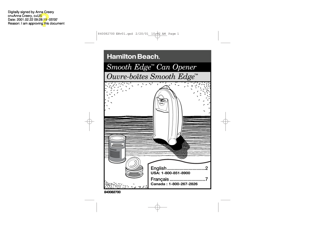 Hamilton Beach manual Canada, Smooth Edge Can Opener, Ouvre-boîtes Smooth Edge, English, Français, AM Page, 840082700 