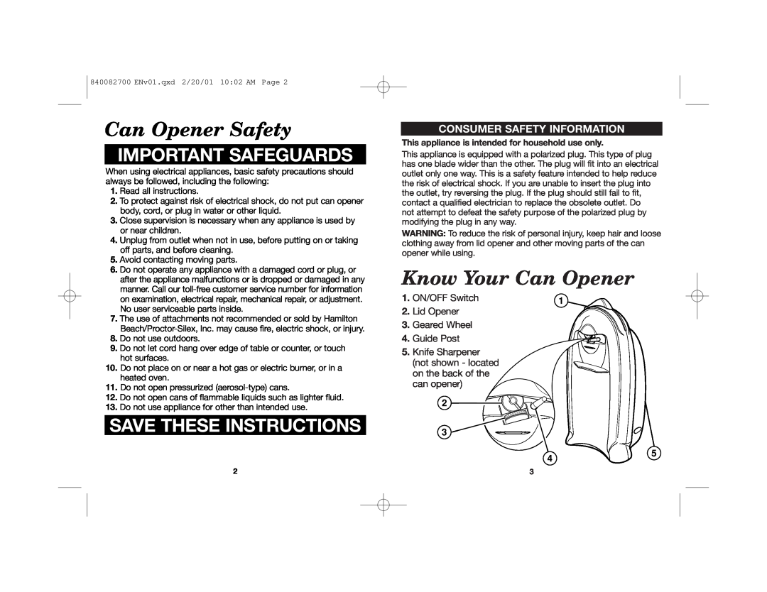 Hamilton Beach Smooth Edge Can Opener Safety, Know Your Can Opener, Consumer Safety Information, Important Safeguards 