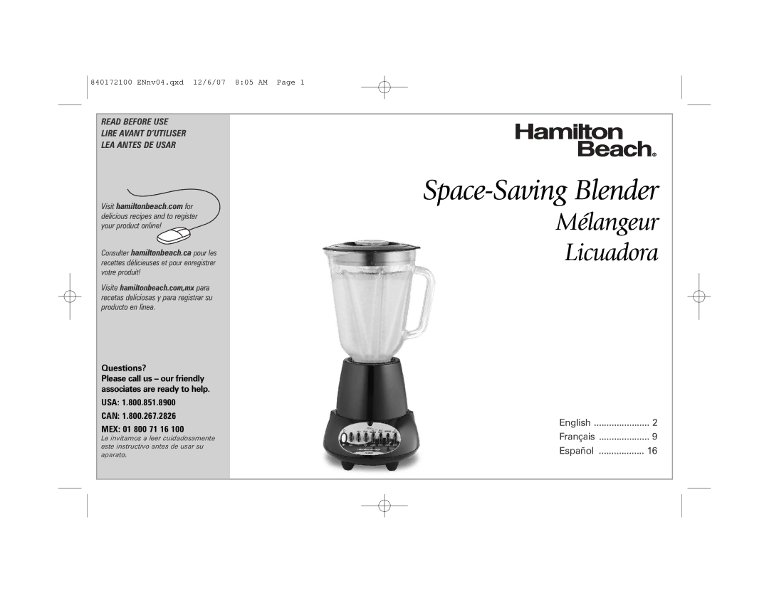 Hamilton Beach Space-Saving Blender manual Questions?, USA Can MEX 01 800 71 16 