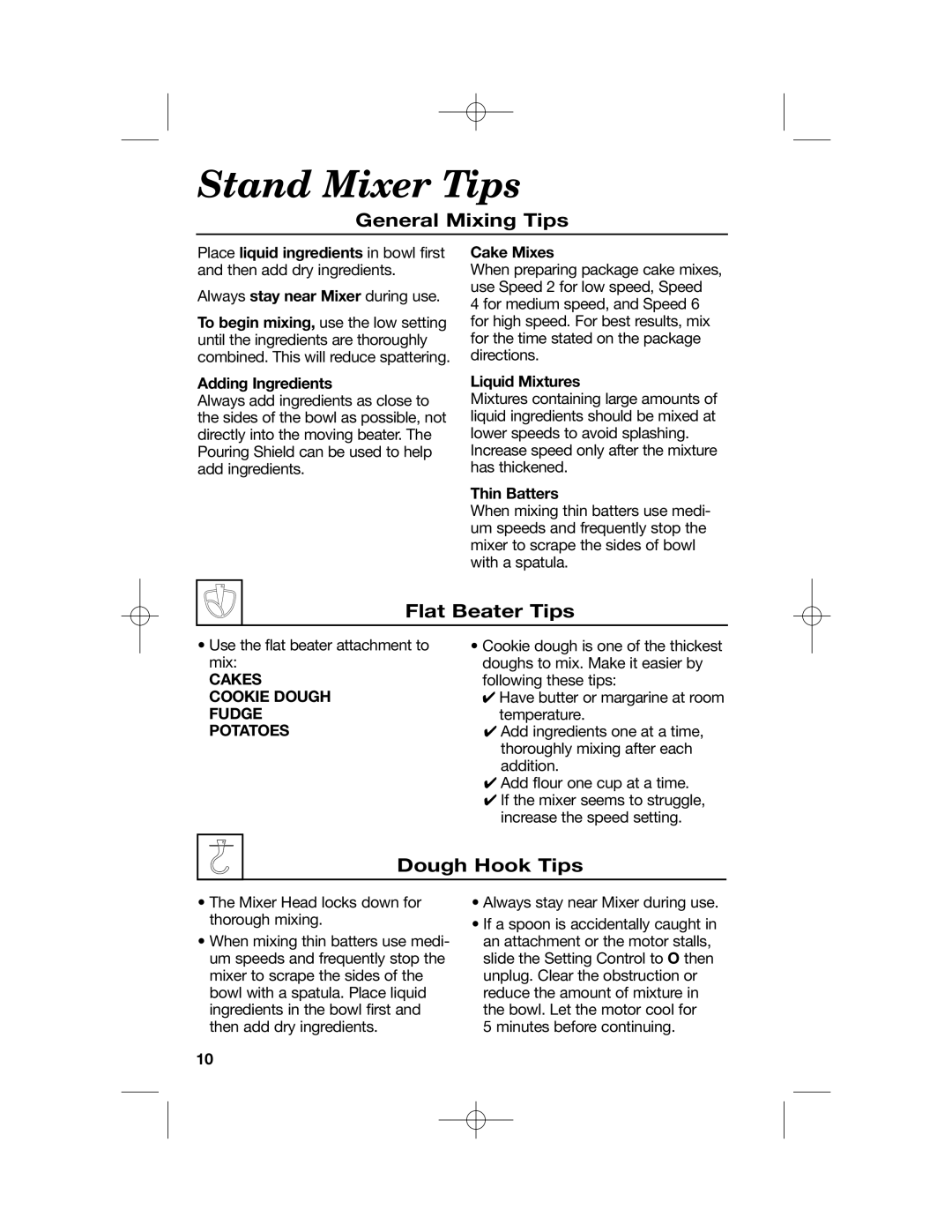 Hamilton Beach 63232, 63221, 63227, 63220 manual Stand Mixer Tips, General Mixing Tips, Flat Beater Tips, Dough Hook Tips 