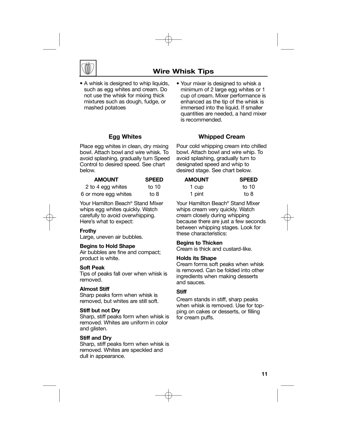 Hamilton Beach 63232, Stand Mixer, 63221, 63227, 63220 manual Wire Whisk Tips, Egg Whites Whipped Cream, Amount Speed 
