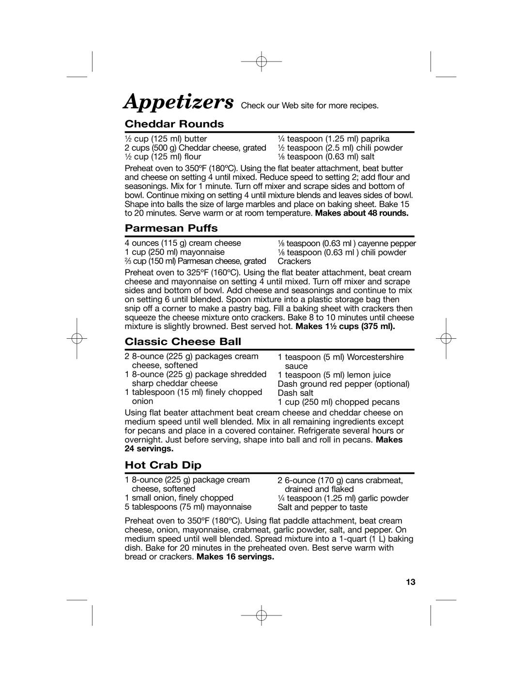 Hamilton Beach 63227, Stand Mixer, 63232, 63221, 63220 manual Cheddar Rounds, Parmesan Puffs, Classic Cheese Ball, Hot Crab Dip 