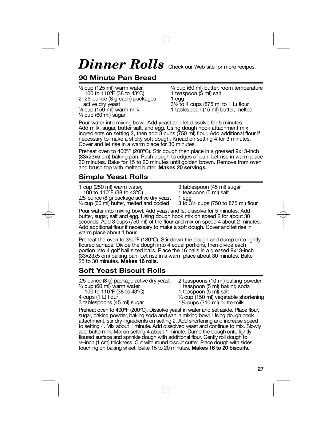 Hamilton Beach 63221, Stand Mixer, 63232, 63227, 63220 manual Minute Pan Bread, Simple Yeast Rolls, Soft Yeast Biscuit Rolls 