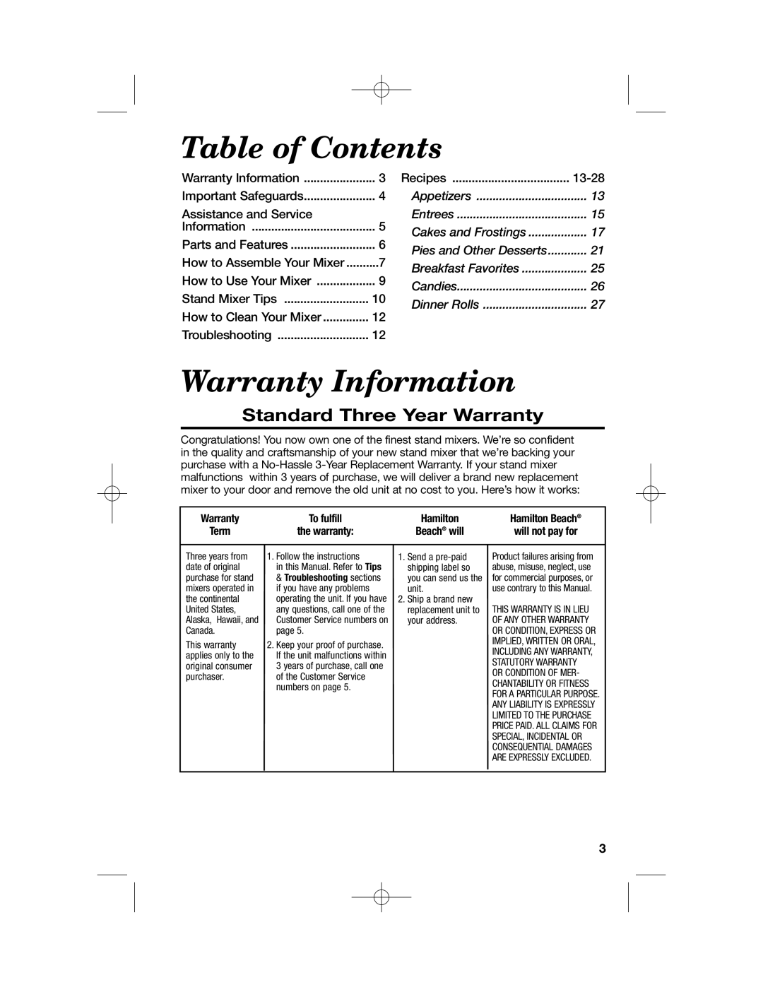 Hamilton Beach 63227, Stand Mixer, 63232, 63221, 63220 manual Table of Contents, Warranty Information 