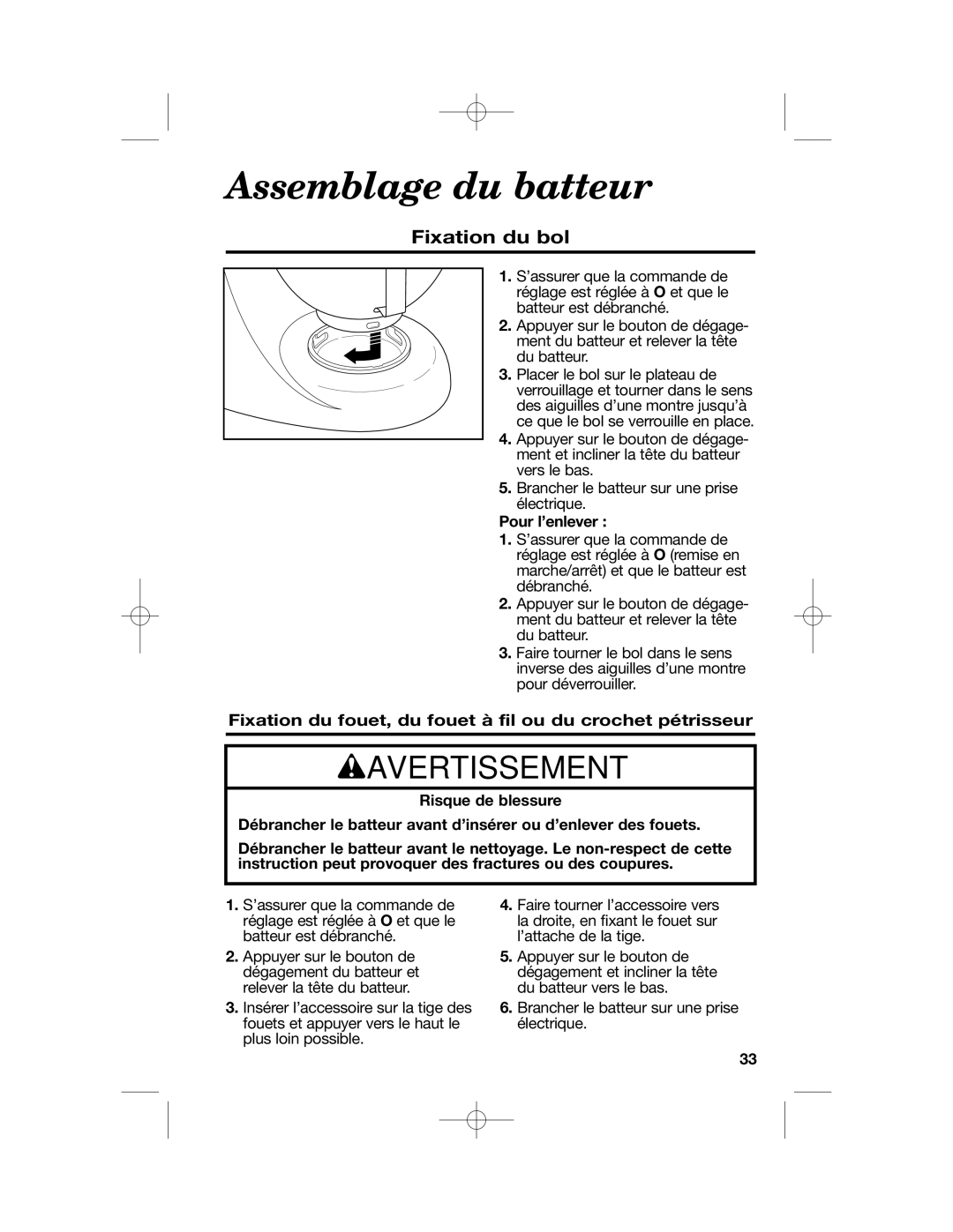 Hamilton Beach 63227, Stand Mixer, 63232, 63221, 63220 manual Assemblage du batteur, Fixation du bol, Pour l’enlever 