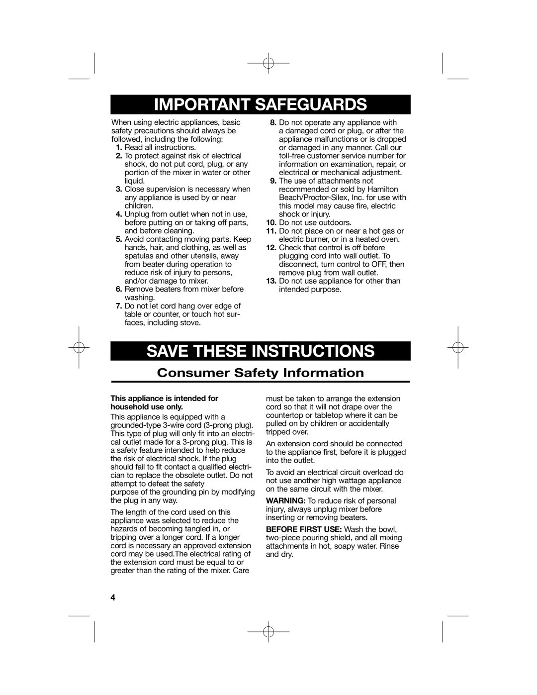 Hamilton Beach 63220, Stand Mixer, 63232, 63221, 63227 manual Important Safeguards 