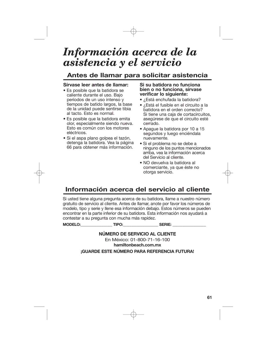 Hamilton Beach 63232 Información acerca de la asistencia y el servicio, Sírvase leer antes de llamar, Hamiltonbeach.com.mx 