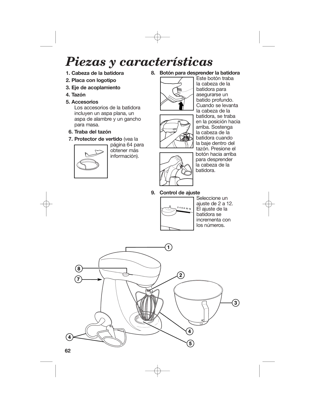 Hamilton Beach 63221, Stand Mixer Piezas y características, Traba del tazón Protector de vertido vea la, Control de ajuste 