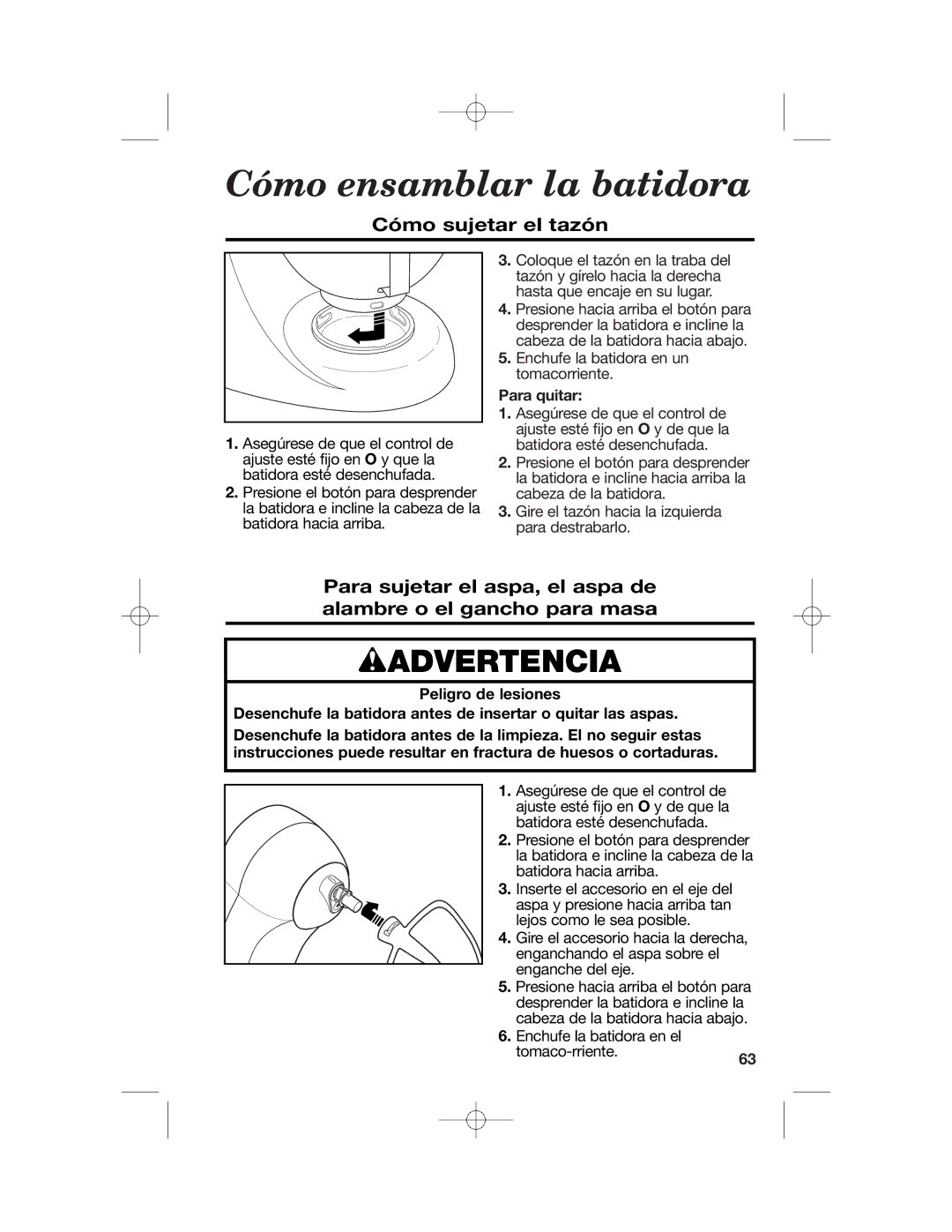 Hamilton Beach 63227, Stand Mixer, 63232, 63221, 63220 manual Cómo sujetar el tazón, Para quitar 