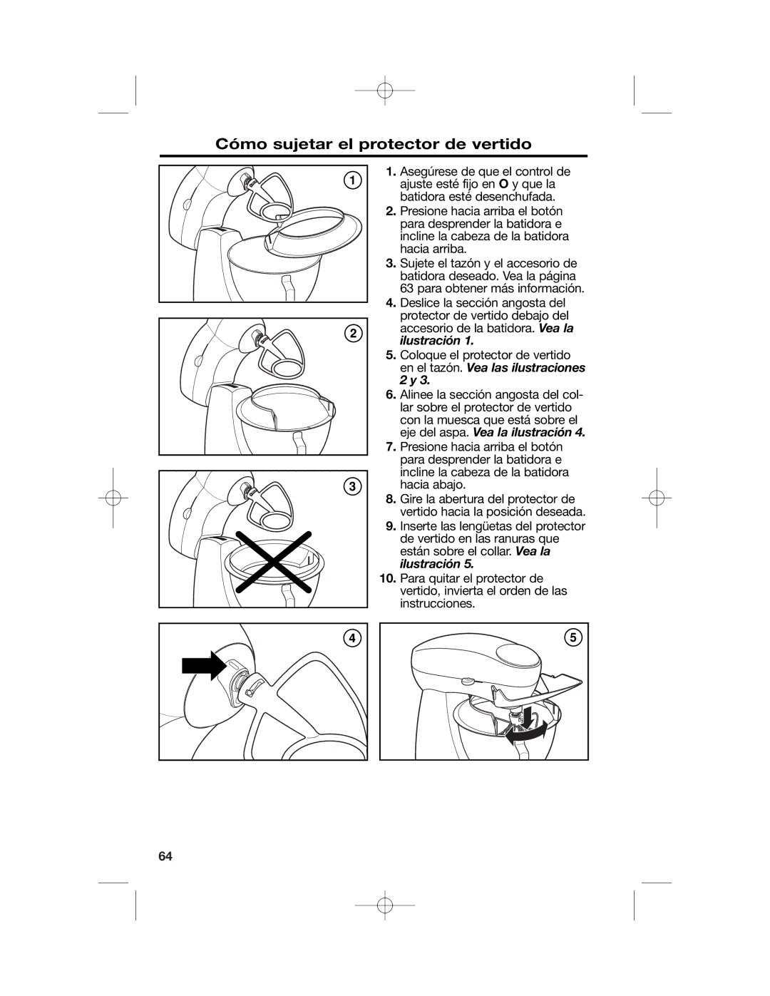 Hamilton Beach 63220, Stand Mixer, 63232, 63221, 63227 manual Cómo sujetar el protector de vertido 
