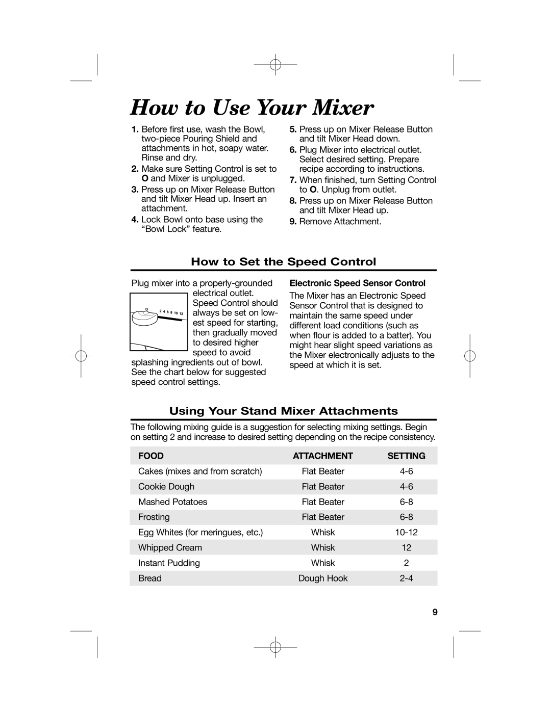 Hamilton Beach 63220, 63232, 63221 How to Use Your Mixer, How to Set the Speed Control, Using Your Stand Mixer Attachments 